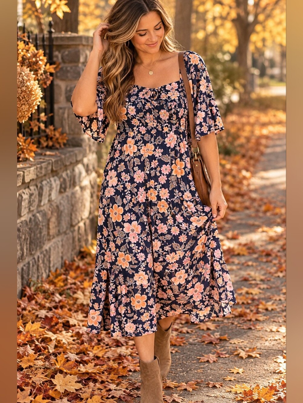 Old Navy Navy Floral Smocked Midi Dress Puff Sleeve